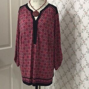 PLUS size 3X Boho style red, black & orange patterned shirt.